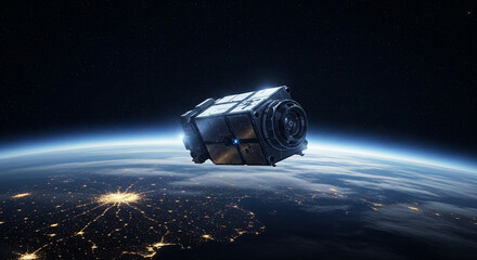 High-tech satellite orbiting Earth with stars in the background