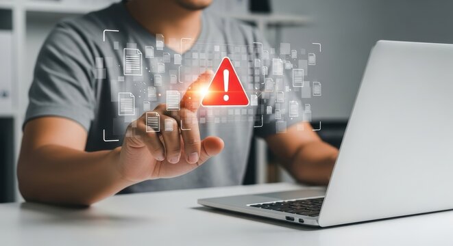 Photo of a person is pointing at a digital warning sign with data icons floating around a laptop, symbolizing cybersecurity threats or system alerts