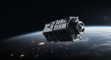 High-tech satellite orbiting Earth with stars in the background