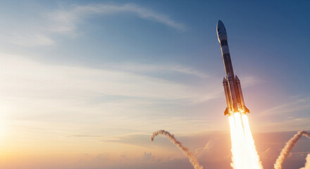 Modern space rocket ascends at sunset with glowing cloud trail