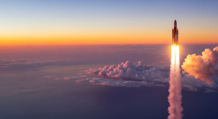 Modern space rocket ascends at sunset with glowing cloud trail