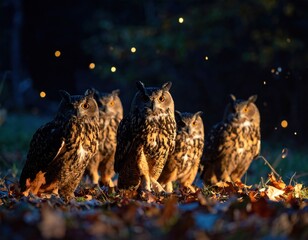Eerie owl gathering in twilight