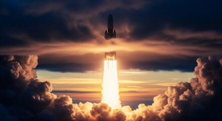 Modern space rocket ascends at sunset with glowing cloud trail