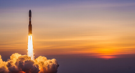 Modern space rocket ascends at sunset with glowing cloud trail