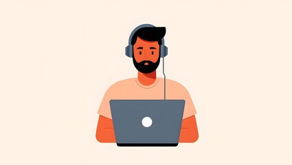 Illustration of man working on laptop with headphones for remote work and study