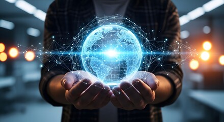 Digital globe held by a person displays global network connectivity and innovative modern technology.