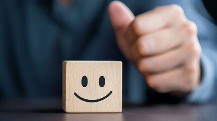 A wooden block with a smiley face receives a thumbs up, symbolizing positive feedback and customer satisfaction with a simple, optimistic design.
