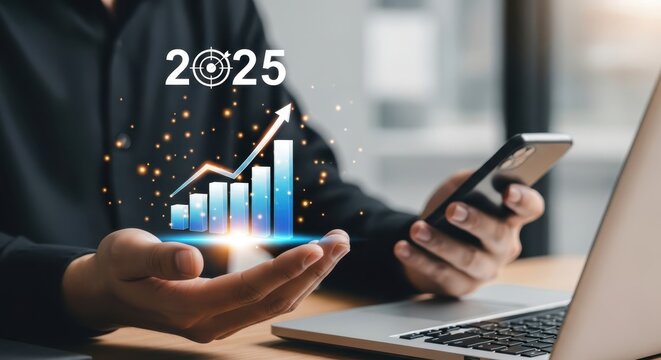 Photo of a businessman holds a smartphone and a glowing bar chart with an upward arrow symbolizing financial growth and success in the year 2025