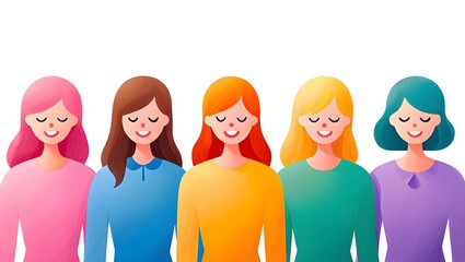 Illustration of diverse women group smiling with eyes closed for positive concept art