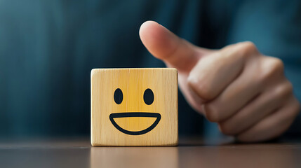 Positive Feedback: Thumbs up for a smiling wooden block, symbolizing approval and good vibes. A simple yet effective visual for positivity!