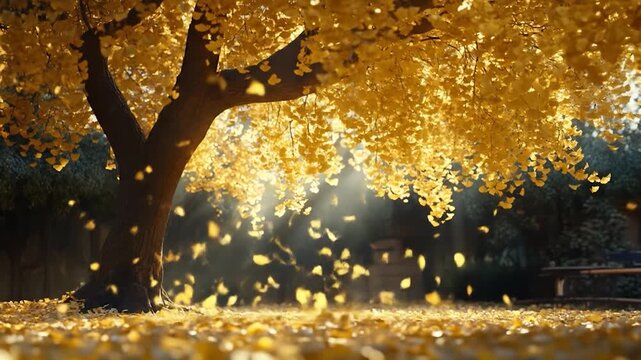 Golden Ginkgo Tree: Autumn Leaves Falling in Sunlit Garden, Serene Nature Scene