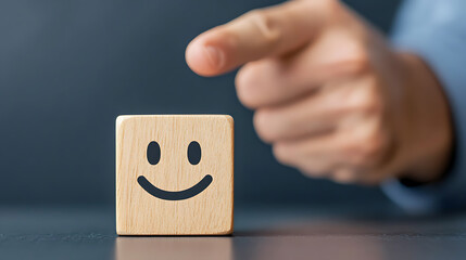 Promoting a positive outlook. Wooden block with happy face symbol, emphasizing well-being and satisfaction. A helpful reminder to choose happiness daily.