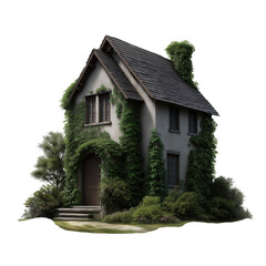 Charming cottage with ivy-covered walls shown in perspective view on transparent background