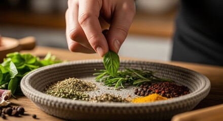 Hand delicately placing fresh basil leaf among spices on textured plate