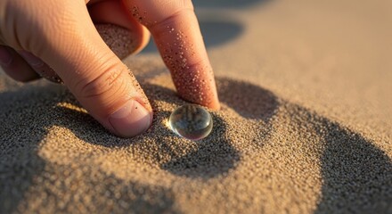 Hand Gently Touching a Crystal Marble on Textured Sand with Warm Sunlight