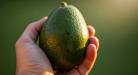 Hand Holding a Fresh, Ripe Avocado Against a Green Background