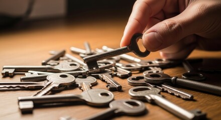 Hand Holding a Single Key Above a Pile of Old, Antique Keys