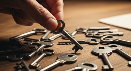 Hand Holding Key Amongst Many Vintage Keys on Wooden Surface