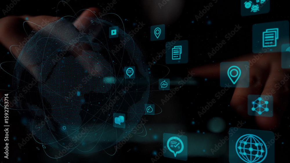 Poster conceptual image showcasing hands interacting with digital icons representing global connectivity an