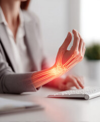 lifestly image of close-up view of a painful wrist office syndrome severe expression discomfort augmented reality overlay on the wrist with glowing red pain semi-transparent bones and joints visible