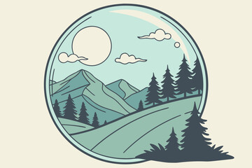 A reflective glass sphere captures mountains, clouds, and sky, creating a dreamy lensball landscape, modern flat illustration style
