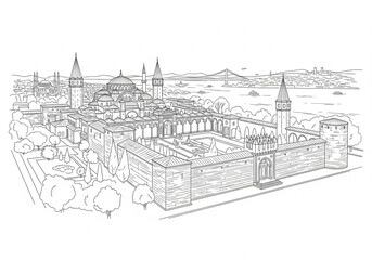Topkapi Palace (Topkapı Sarayı) in Istanbul one line drawing style