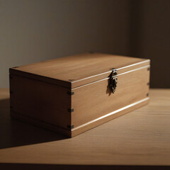 Light‑wood rectangular box with metal latch and reinforced corners