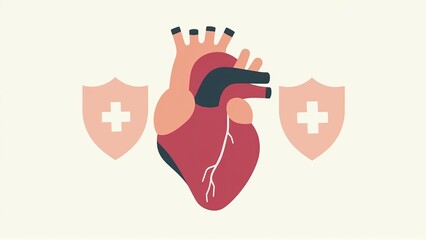 Stylized human heart illustration, protected by shield icons with medical cross symbols on pastel