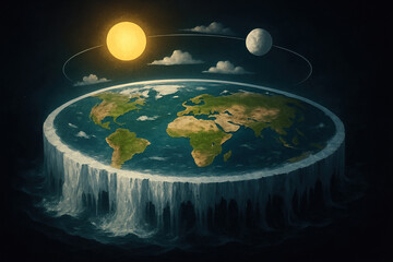 Flat Earth depiction shows continents surrounded by icy edges and orbiting sun