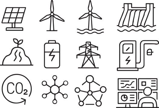 Solar panel wind turbine battery dam power tower charging station C O2 symbol vector