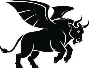 A stylized black silhouette of a winged bull symbolizing strength and power