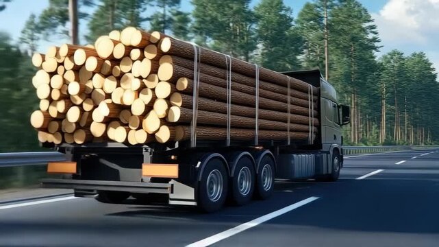 A truck carries a large load of timber along a busy highway, surrounded by green trees under clear blue skies