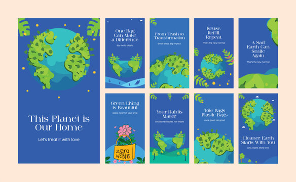 Instagram Stories template pack with eco-friendly messages and Earth illustrations. Great for zero-waste campaigns, green brands, and sustainability awareness content.