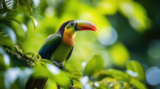 A close-up of a toucanet perched quietly in the corner of a dense forest