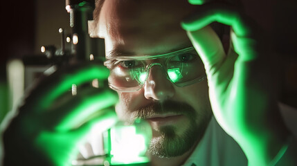 Focused scientist in safety goggles examines research sample in dark lab with green lighting, ensuring precision and advancing scientific boundaries.