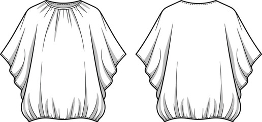 Loose-fit blouse fashion illustration, gathered neckline and hem, stylish apparel design, front and back views, garment sketch, sewing template