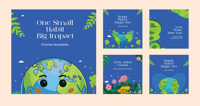 Eco-friendly Instagram post template with cute Earth, zero waste theme, and green lifestyle quotes. Perfect for sustainability campaigns, social media awareness, and reusable habit promotion.