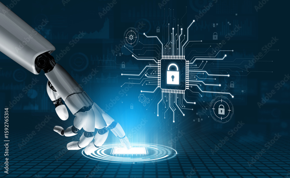 Poster ai safeguarding cyber security system, monitoring threats, analyzing attack patterns, and securing d
