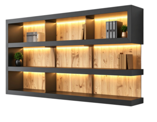 Home office wall shelf with LED lights, transparent background