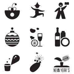 Minimalist New Year’s Day Icons Wine, Fireworks, Dance, and Decoration