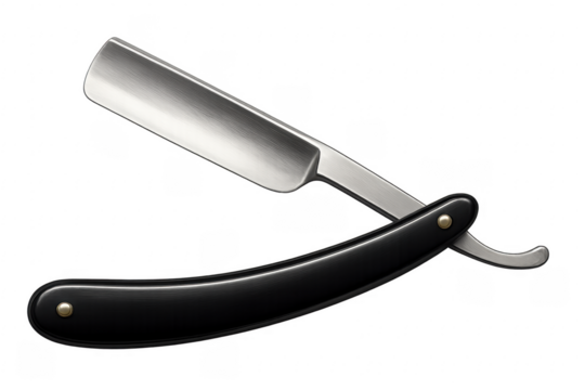 Open straight razor with black handle isolated on transparent background