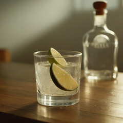 Clear cocktail in tumbler with lime wedges on wooden table