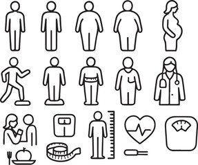 Human body types and health measurement icons human figures body mass