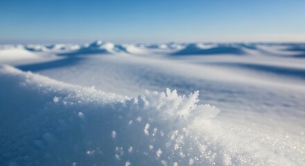 Serene winter landscape with a closeup of frosty snowflakes on a vast, untouched snowy field under a clear blue sky.