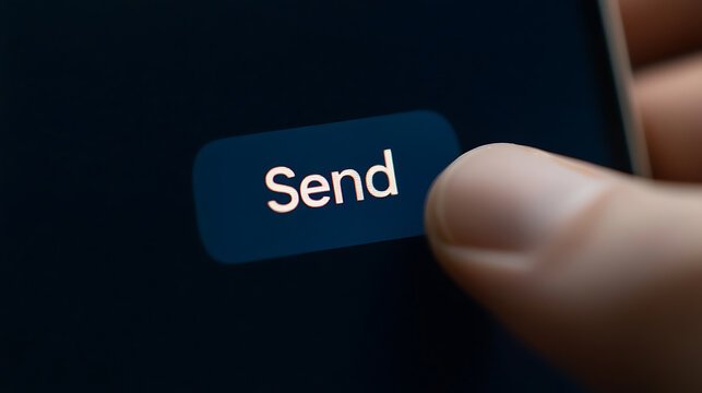 Finger pressing a 'Send' button on a dark screen. Sending message, email, or data with a simple touch. Connected communication.