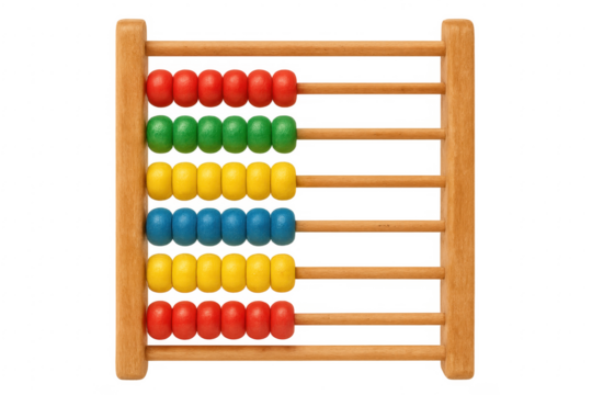 Colorful abacus with wooden frame showing numbers on transparent background