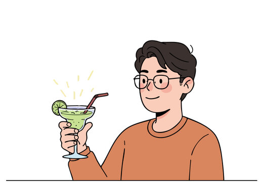 A young man enjoys a zesty margarita, radiating positive vibes. Bright colors and a cheerful expression create a vibrant, refreshing scene. Perfect for lifestyle and summer themes.