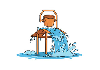 A playful bucket splash surprise! Vibrant blue water cascades dramatically, creating a refreshing and joyful visual. Perfect for summer, fun, or relaxation themes. © Vector Holiday