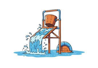 A playful water slide design featuring a bucket spilling water. Vibrant colors and a splashy scene create a fun, summery visual. Perfect for summer, water parks, or playful branding. © Vector Holiday