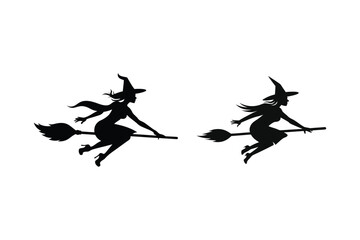 Set of flying witch on broom silhouette vector illustration